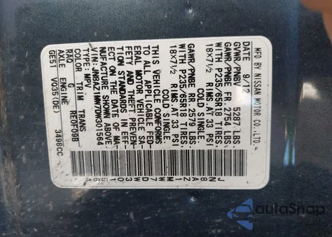 2013 Nissan Murano Sv from USA, damaged, VIN JN8AZ1MW7DW301564